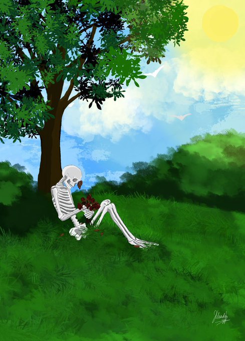 A digital illustration of a skeleton sitting under a large tree in a green field, holding a small bouquet of red flowers.