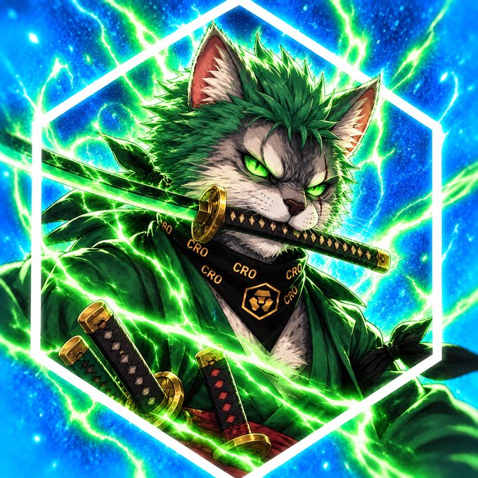 A stylized digital illustration of a green-haired cat samurai with glowing green eyes, holding a katana in its mouth and additional swords at its waist, surrounded by green lightning and a hexagonal frame.