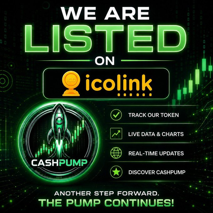 Promotional graphic announcing a listing on icolink, featuring a rocket logo for 'CASHPUMP' with bullish chart imagery and text reading 'WE ARE LISTED ON icolink' and 'THE PUMP CONTINUES!'.