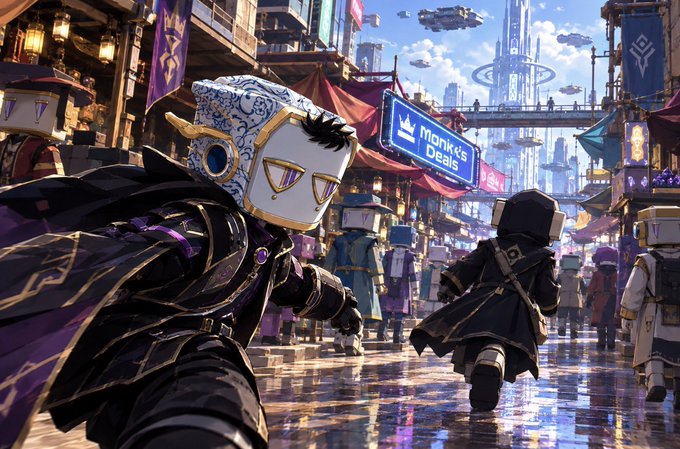 A digital artwork depicts a masked figure with a geometric face in a fantasy marketplace setting, with a neon sign reading 'Monk's Deals' and other masked characters in the background.
