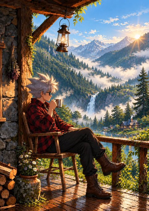 An anime-style illustration of a silver-haired young man in a red plaid shirt drinking coffee on a wooden cabin porch overlooking a scenic mountain valley with waterfalls.