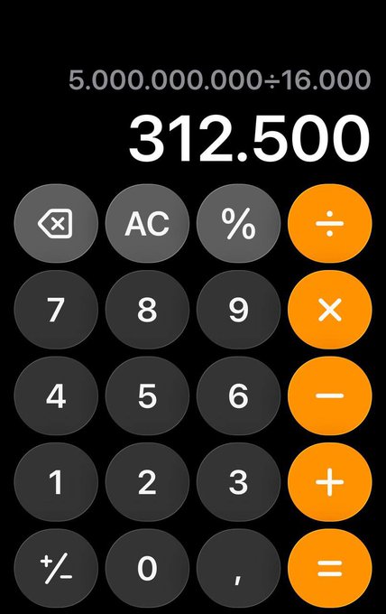 A calculator app displaying the result of 5,000,000,000 divided by 16,000, which equals 312,500.