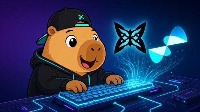 A cartoon bear wearing a black cap and hoodie types on a glowing blue keyboard, with butterfly logos floating above a futuristic circuit board background.