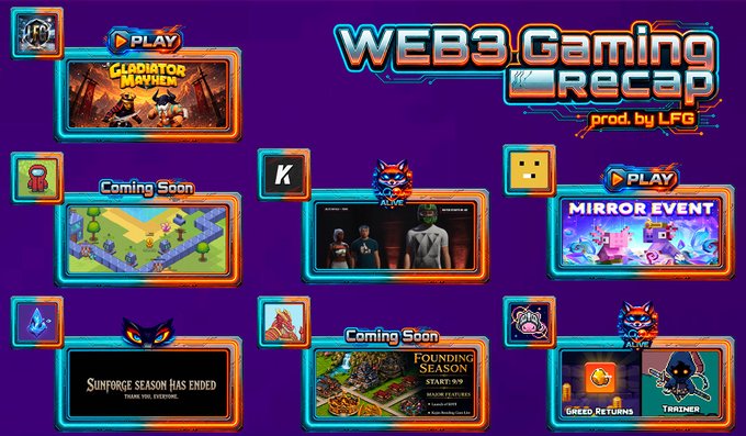 A colorful "WEB3 Gaming Recap" infographic by LFG featuring various game thumbnails like "Gladiator Mayhem", "Mirror Event", and "Founding Season".