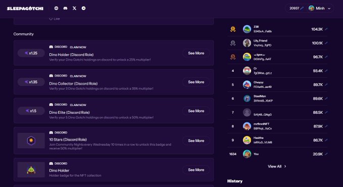 A screenshot of the Sleepagotchi app dashboard showing community claims, NFT holdings tasks, and a leaderboard ranking users by points.