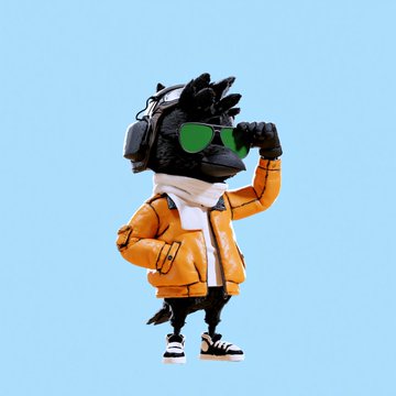 A cartoon bird character wearing an orange puffer jacket, white scarf, headphones, and green sunglasses, standing against a light blue background.