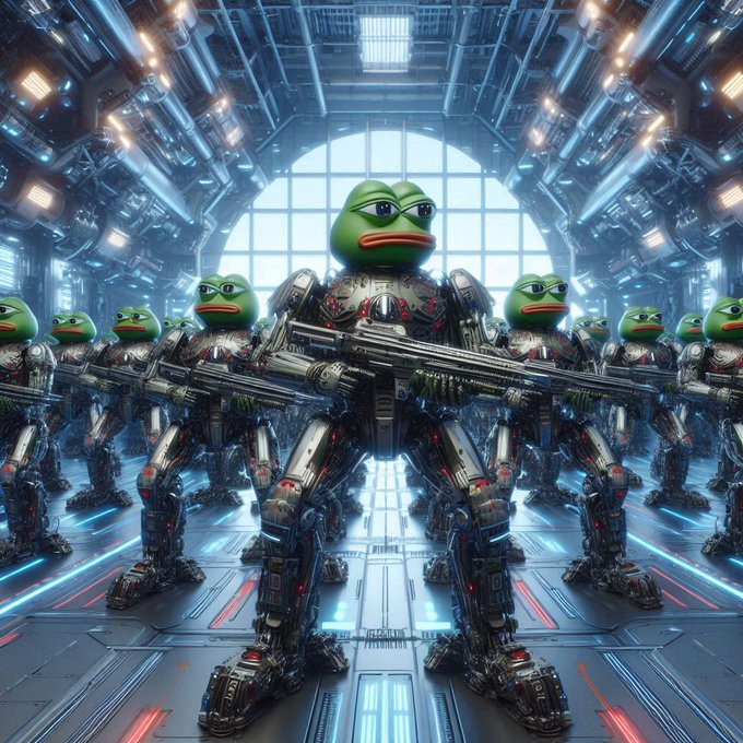 A sci-fi illustration of an army of Pepe the Frog characters wearing sunglasses and piloting large mechanical combat suits armed with rifles in a futuristic hangar.