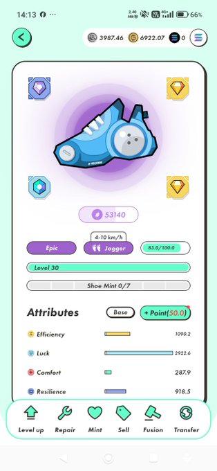A mobile game screenshot showing an Epic Jogger shoe item at Level 30 with attributes including Efficiency (1090.2), Luck (2922.6), Comfort (287.9), and Resilience (918.5).