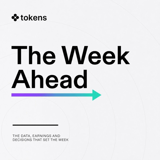 A cover graphic from "tokens" titled "The Week Ahead" with the tagline "THE DATA, EARNINGS AND DECISIONS THAT SET THE WEEK," introducing a weekly newsletter previewing notable Solana ecosystem developments including Samsung's USDC integration via Coinbase.
