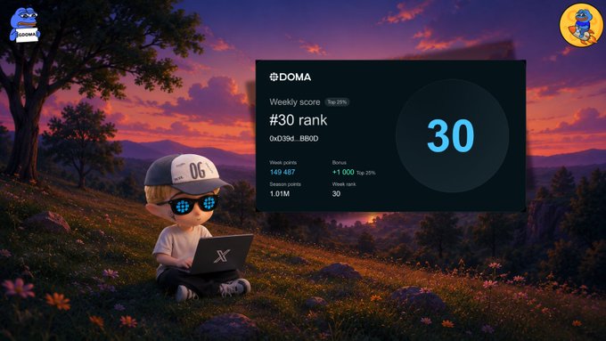 A 3D-rendered character with pixelated sunglasses sits on a grassy hill at sunset using a laptop, displaying a crypto-related screen for 'DOMA' showing a 'Weekly score' and '#30 rank' with weekly points of 149 487 and a bonus of +1 000.