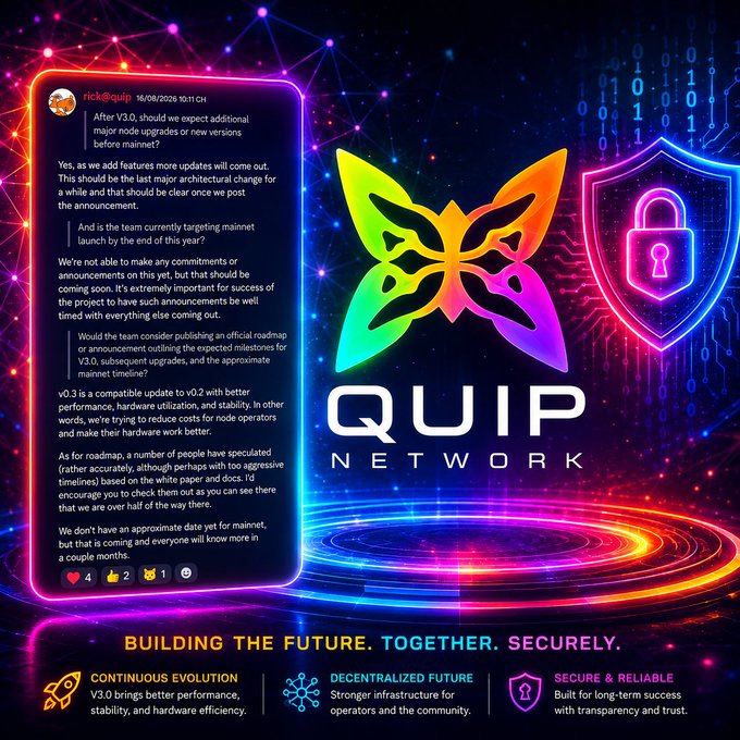 A vibrant promotional graphic for QUIP Network features a glowing butterfly logo, a security shield with a padlock, and binary code background, alongside a Discord-style message from user "rickd@quip" dated 16/08/2026 discussing V3.0 as the project's last major architectural change before mainnet. The image visually reinforces the post's message by highlighting V3.0's focus on "Building the Future. Together. Securely." with three key pillars: Continuous Evolution (V3.0 for performance/stability), Decentralized Future (stronger infrastructure), and Secure & Reliable (long-term success with transparency).