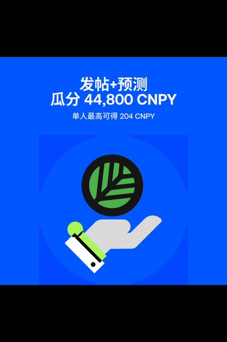 A blue promotional graphic in Chinese text reading '发帖+预测 瓜分 44,800 CNPY 单人最高可得 204 CNPY' featuring a hand holding a green leaf icon.