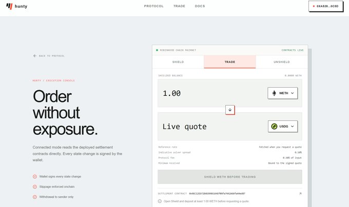 A screenshot of the Hunty (execute.ronin) trading interface shows a live quote panel displaying 1.00 WETH to USD0, with a settlement contract address visible at the bottom (0x9C512B73380E991E8F9f874A2C6FaBe8f), illustrating the onchain order execution flow described in the post about RFQ intents being signed offchain before atomic settlement.