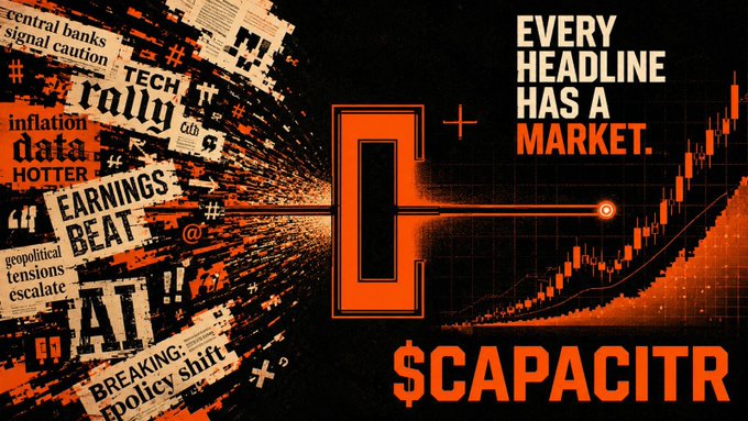 A promotional graphic with text 'EVERY HEADLINE HAS A MARKET' and '$CAPACITR' featuring newspaper headlines and a candlestick stock chart.