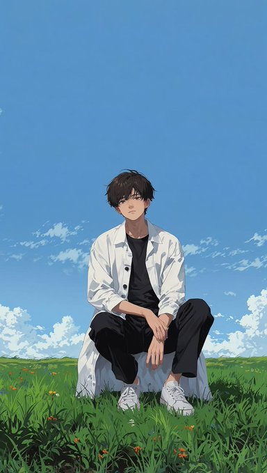 An anime-style illustration of a young man with dark hair, wearing a white jacket over a black shirt, sitting on a rock in a green grassy field under a bright blue sky.