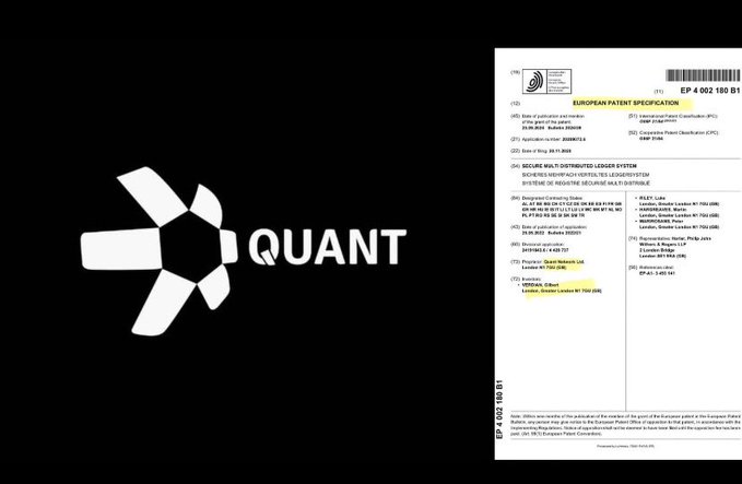 A logo for 'QUANT' is displayed next to a European Patent Specification document for a 'Secure Multi-Path Data-Forwarded Ledger System.'