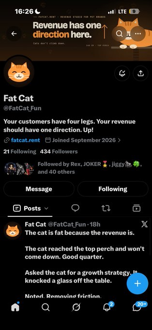A screenshot of an X (Twitter) profile for 'Fat Cat' (@FatCatFun) with the tagline 'Your customers have four legs. Your revenue should have one direction. Up!' and posts about a cat knocking a glass off a table.