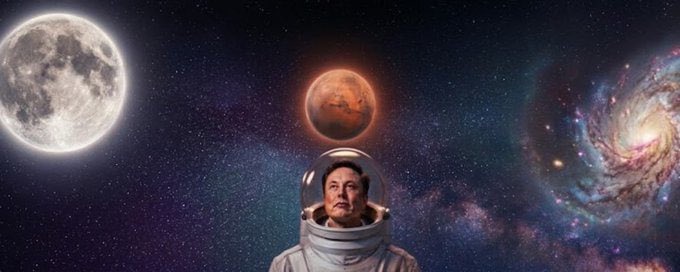 The image features a man wearing an astronaut suit, standing against a backdrop of stars and planets. The man appears to be looking up at the sky with a sense of wonder or curiosity. In the background, there are three distinct celestial bodies - a full moon, Mars, and a spiral galaxy. The caption for this image reads: "A narrative that taps into the same slogan featured in SpaceX's SEC filing, giving this one a unique angle that degens are already watching closely."