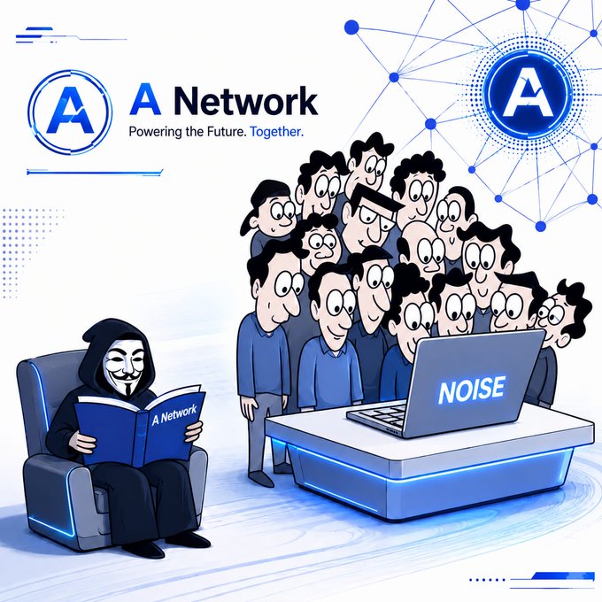 An advertisement for 'A Network' shows a Guy Fawkes-masked figure reading a book while a crowd of cartoon people surrounds a laptop displaying the word 'NOISE'.