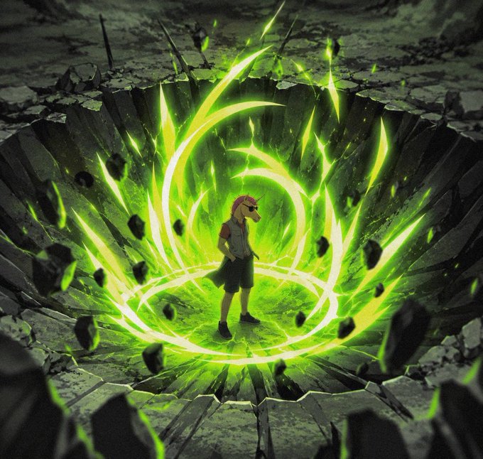An anime-style illustration depicts a character standing within a glowing green energy circle, causing the ground around them to crack and shatter.