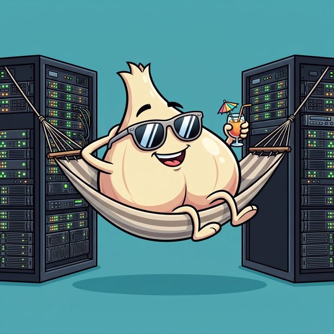 A cartoon illustration of a smiling dumpling character wearing sunglasses, relaxing in a hammock between two server racks while holding a tropical drink.