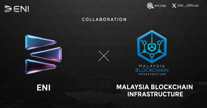 A dark promotional graphic titled "COLLABORATION" featuring the metallic ENI logo on the left and the Malaysia Blockchain Infrastructure (MBI) hexagon logo on the right, separated by an "×" symbol, with social handles "eni.top" and "ENI_Official" displayed at the top.