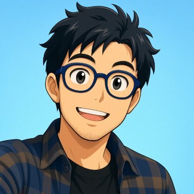 An anime-style illustration of a smiling man with messy black hair, glasses, and a plaid shirt against a light blue background.
