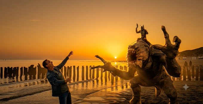 A cinematic scene at sunset showing a man with glasses reaching out toward a large monstrous creature with a smaller female figure riding on top, set against an orange sky with the sun setting over water and wooden posts in the foreground.