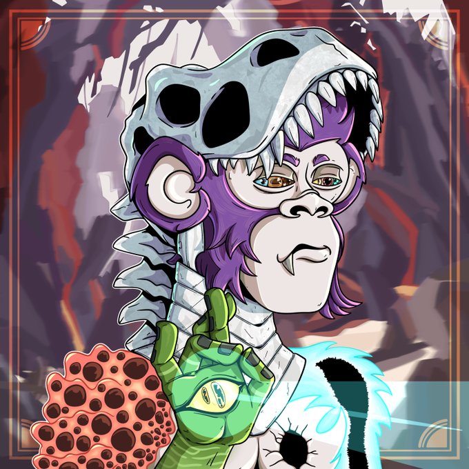 Digital artwork of a purple-haired, monkey-like character with heterochromia wearing a dinosaur skull helmet, holding a green clawed hand up.