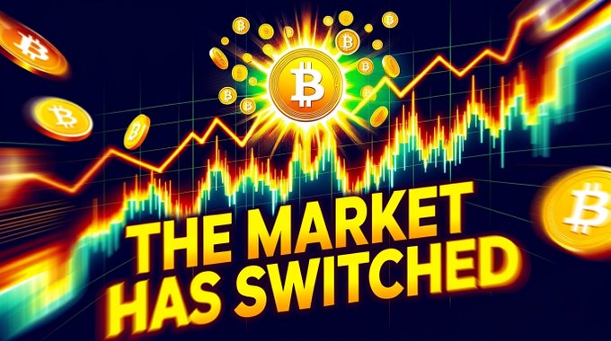 A vibrant Bitcoin-themed graphic features a glowing Bitcoin logo surrounded by flying coins and candlestick charts, with the bold yellow text "THE MARKET HAS SWITCHED." The imagery visually reinforces the post's message that Bitcoin is regaining momentum at a time when most investors have given up on it.