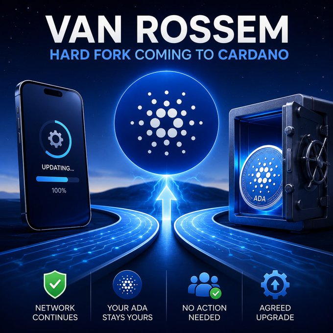 The image is a promotional graphic announcing the "VAN ROSSEM HARD FORK COMING TO CARDANO," featuring a smartphone displaying "UPDATING... 100%" alongside the Cardano logo and a vault containing ADA coins, visually reinforcing the post's message that the hard fork is a routine network upgrade. Four icons at the bottom emphasize the key reassurance points: "NETWORK CONTINUES," "YOUR ADA STAYS YOURS," "NO ACTION NEEDED," and "AGREED UPGRADE."