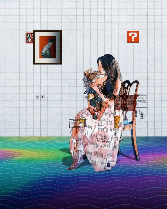 A mixed-media digital collage of a seated woman in a flowing dress on a colorful wave-patterned floor, with text overlays including 'PLACE LOVE TO IAN' and framed images on a grid-patterned background.