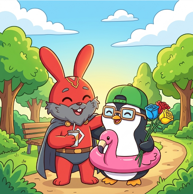A cartoon illustration of a red rabbit superhero holding a drink and a penguin in a pink flamingo floatie holding roses in a park setting.