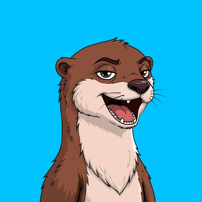 A cartoon illustration of a smiling brown and white otter with its tongue out against a bright blue background.
