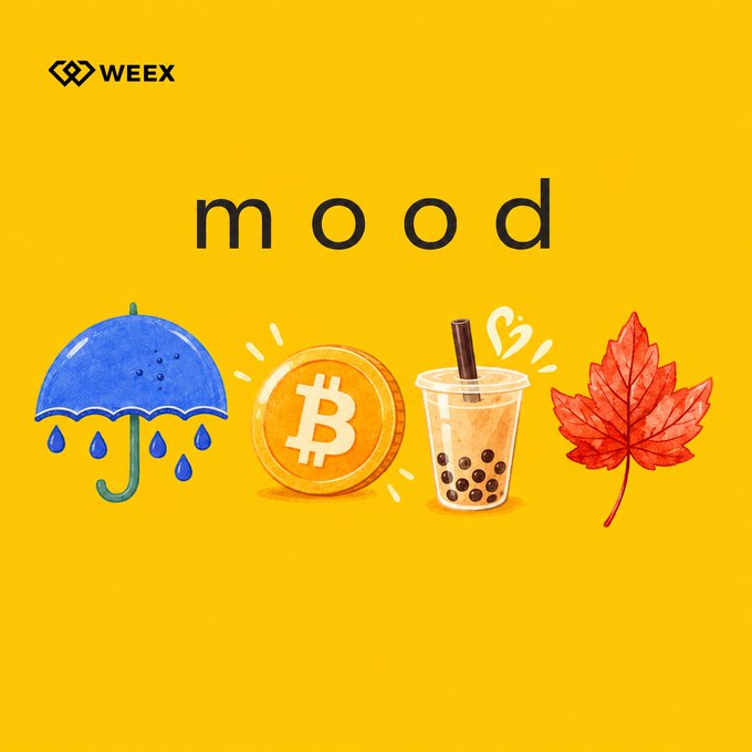 A WEEX-branded illustration on a yellow background displays the word 'mood' above four icons: a blue rainy umbrella, a gold Bitcoin coin, a bubble tea drink, and a red maple leaf.