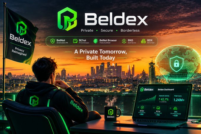 A developer wearing a Beldex hoodie sits at a desk overlooking a city skyline at sunset, with a Beldex flag beside him and a dashboard on his laptop showing network activity and over 1.24M+ total users. The tagline reads "A Private Tomorrow, Built Today," reinforcing the post's emphasis on Beldex's vision of usable, secure, and forward-looking privacy infrastructure.