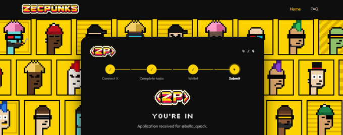 A webpage for 'ZecPunks' showing a 'YOU'RE IN' submission confirmation for user '@bella_quack' over a background of pixel-art punk characters.