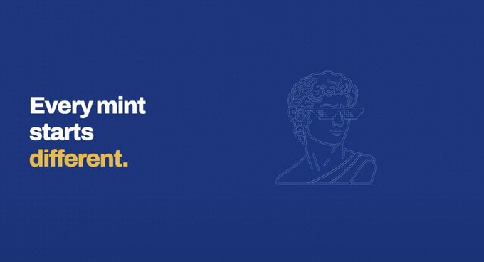 A dark blue advertisement features the text "Every mint starts different." alongside a line-art illustration of a classical bust wearing pixelated sunglasses.
