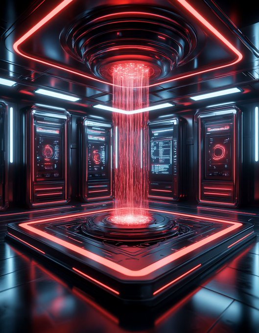 A futuristic, neon-lit server chamber featuring glowing red and blue data streams converging into a central console visually represents the critical vulnerability of centralized data dependencies, mirroring how a compromised oracle verification process on Hedera led to Bonzo Lend losing over $9M in a DeFi exploit. The image's high-tech aesthetic underscores how attackers can manipulate seemingly secure systems through external integration flaws.