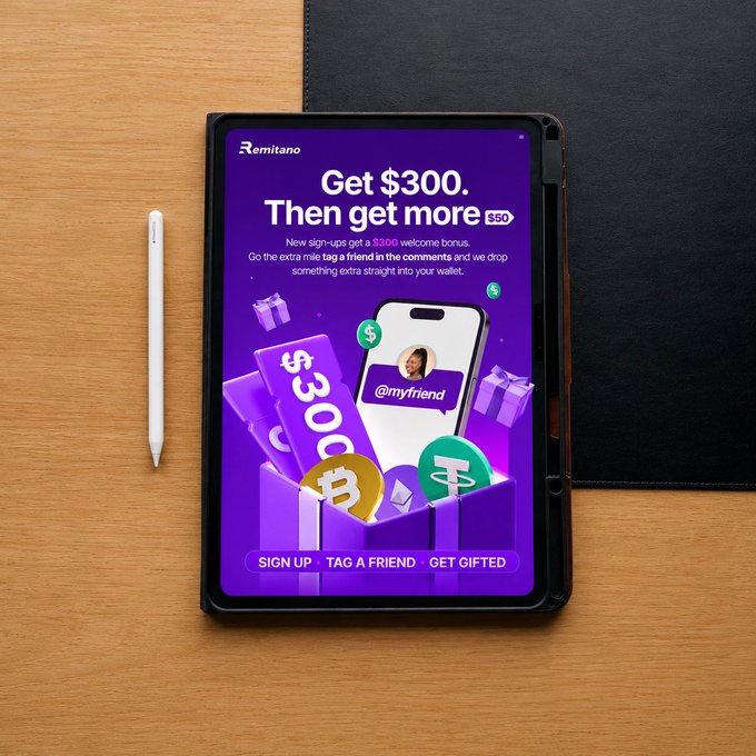 A tablet displaying a purple promotional advertisement for the 'Remitano' app offering 'Get $300. Then get more $50' for new sign-ups who tag a friend.