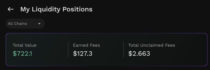 A dark-themed app screenshot titled 'My Liquidity Positions' showing a Total Value of $722.1, Earned Fees of $127.3, and Total Unclaimed Fees of $2.663.