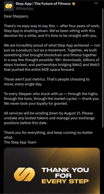 A tweet from @StepApp announcing the shutdown of Step App after four years, with services winding down by August 21, featuring a 'THANK YOU FOR EVERY STEP' graphic.