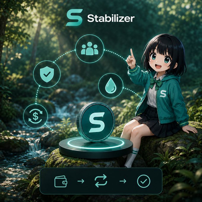 An anime-style girl with black hair sits in a lush forest next to a glowing coin labeled "S" with "Stabilizer" text above, surrounded by floating icons of a shield, people, money, and a water drop, with a process flow diagram at the bottom.