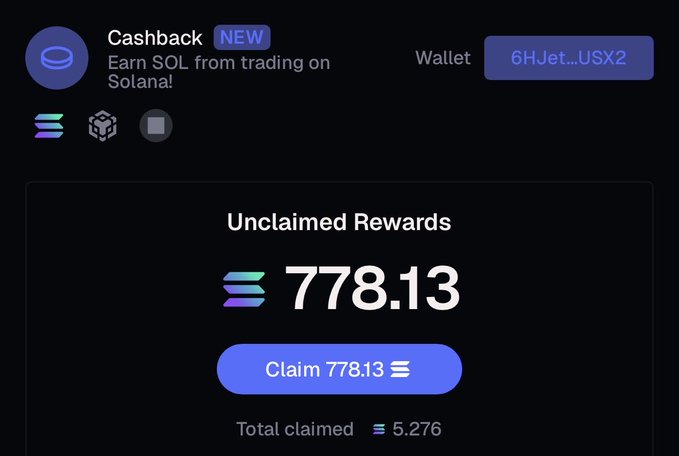 The image shows a cashback rewards dashboard displaying 778.13 unclaimed SOL tokens (worth approximately $5.276 in total claimed rewards) from Solana trading activity, tied to wallet 6HJeT...USX2. This visually supports the post's thesis by illustrating how accumulating SOL through cashback rewards becomes more advantageous when SOL's price is lower, as more tokens can be collected per trade.