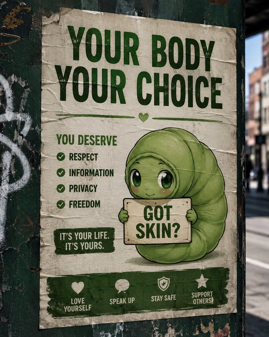 The image shows a weathered poster with the headline "YOUR BODY YOUR CHOICE" featuring a cute green caterpillar-like character holding a sign reading "GOT SKIN?", listing values like "RESPECT, INFORMATION, PRIVACY, FREEDOM," with footer messages "LOVE YOURSELF, SPEAK UP, STAY SAFE, SUPPORT OTHERS."

The poster's message of autonomy and ownership ("Your Body Your Choice," "Got Skin?") loosely parallels the post's theme of $HOOD having a legitimate, bridged origin rather than being conjured arbitrarily—though the connection is thematic (both touch on authenticity and choice) rather than direct, since the poster addresses bodily autonomy while the post discusses token liquidity mechanics.
