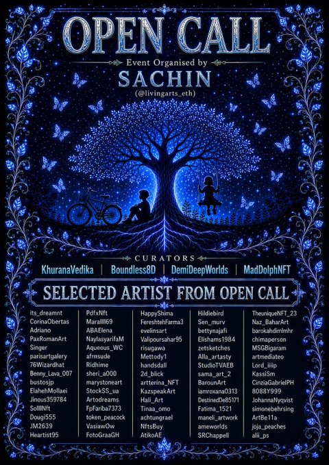 The image features a poster for an event called "Open Call" organized by a group of artists. The poster has a blue background with white text that reads "Open Call - Event Organised by Sachin". It also includes a list of artists who have been selected for this event, along with their names and the dates they will be performing at the event. The poster is adorned with various illustrations and images related to the theme of nostalgia and memories.
