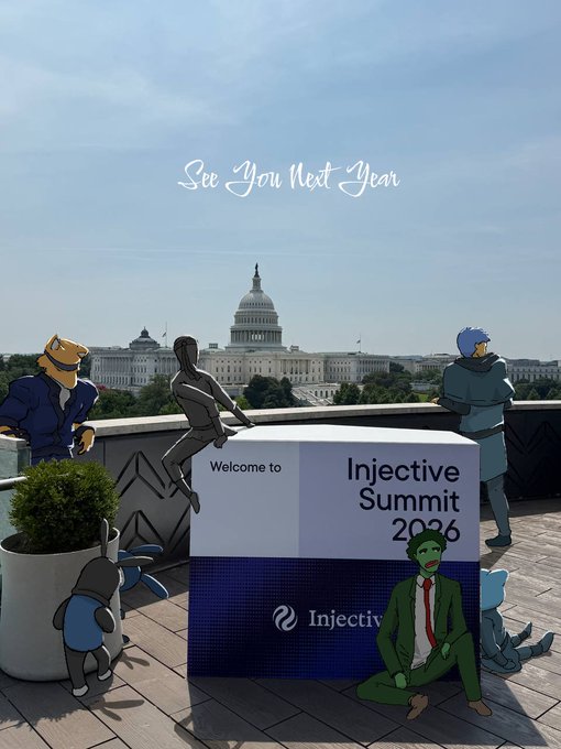 An illustration of various cartoon characters gathered around an 'Injective Summit 2026' welcome sign with the U.S. Capitol building in the background and cursive text reading 'See You Next Year'.