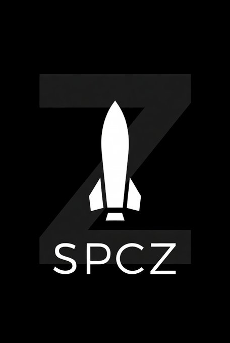 A minimalist logo on a black background featuring a large dark grey 'Z' with a white rocket ship silhouette integrated into its center, and the text 'SPCZ' below.