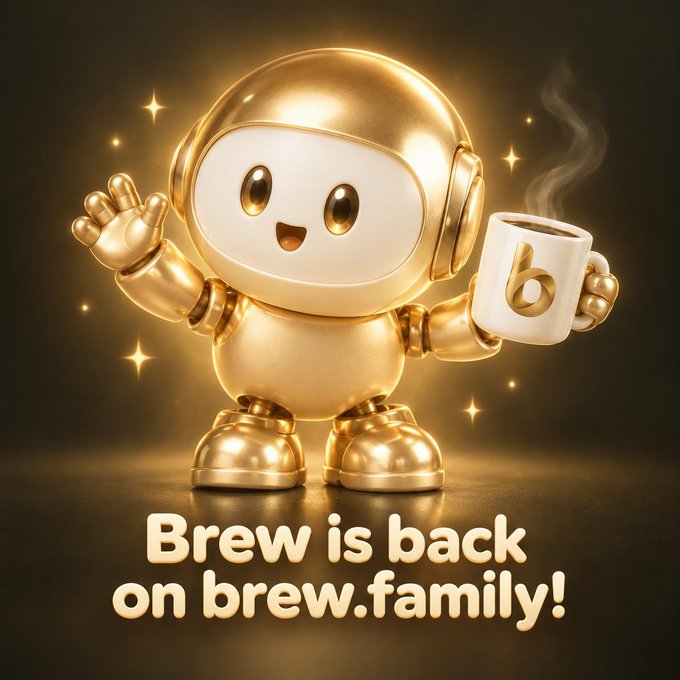 A golden, smiling robot mascot waves cheerfully while holding a steaming coffee mug marked with a "6," symbolizing the 6 BNB worth of BREW tokens bought back and burned, set against a starry background with the announcement "Brew is back on brew.family!" displayed below.