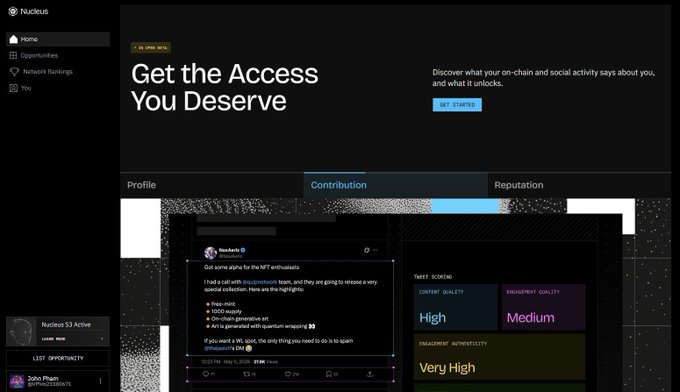 The screenshot displays the Nuclius dashboard on the "Contribution" tab, highlighting a tweet from NewAxiS (@NewAxiS_X) that scored "High" content quality and "Medium" engagement quality, with "Very High" engagement authenticity. The accompanying post reinforces this by framing on-chain reputation as financial optionality—valuable because it unlocks access and opportunities without forcing commitments, much like options in trading.